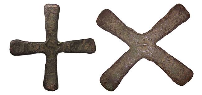 Two traditional Katanga copper crosses (Handa), the historic currency of the region