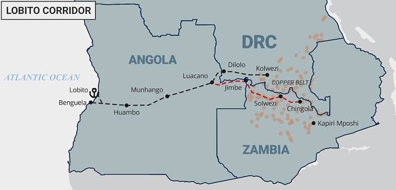 Map of the Lobito Corridor railway connecting the Copperbelt to the Atlantic coast at Lobito, Angola, via Dilolo